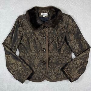 Enrico Baldini Brown Black Paisley Floral Satin Trim Fur Collar Women's 8 Jacket